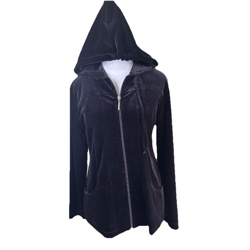 Petite Sophisticate Women's Size P Black Zip Velour Hoodie Jacket